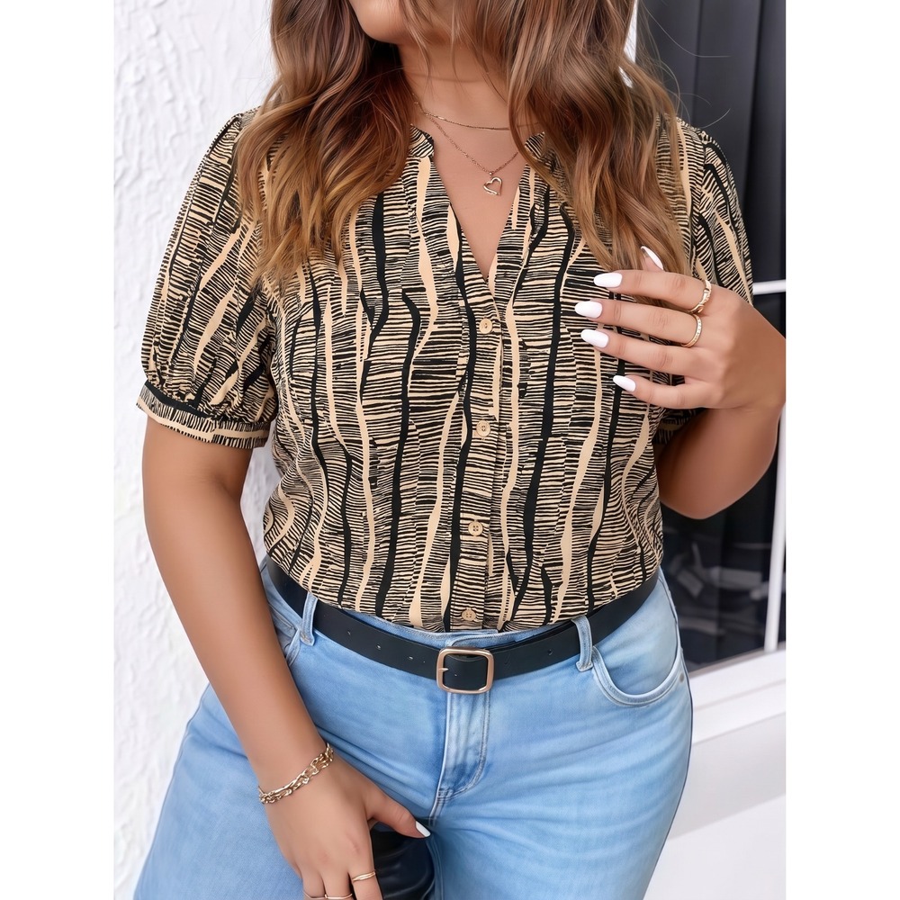 Nine West Women's L Beige Black Abstract Puff Sleeve Button Down Blouse Top